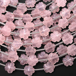 Natural Pink Rose Quartz Crystal Hand Carved Cherry Blossom Flower Gemstone 3D 10mm Beads Strand