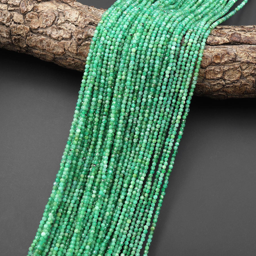 AAA Real Genuine Natural Colombia Green Emerald Gemstone Faceted 2mm Round Beads May Birthstone 15.5" Strand