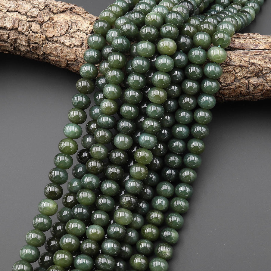 Natural Dark Forest Green Jade Smoot 10mm Thick Rondelle Barrel Beads 15.5" Strand