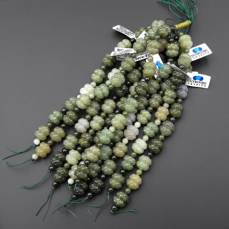 Hand Carved Double Sided Lotus Flowers Natural Jade Beads 15mm 3D 7.5" Strand
