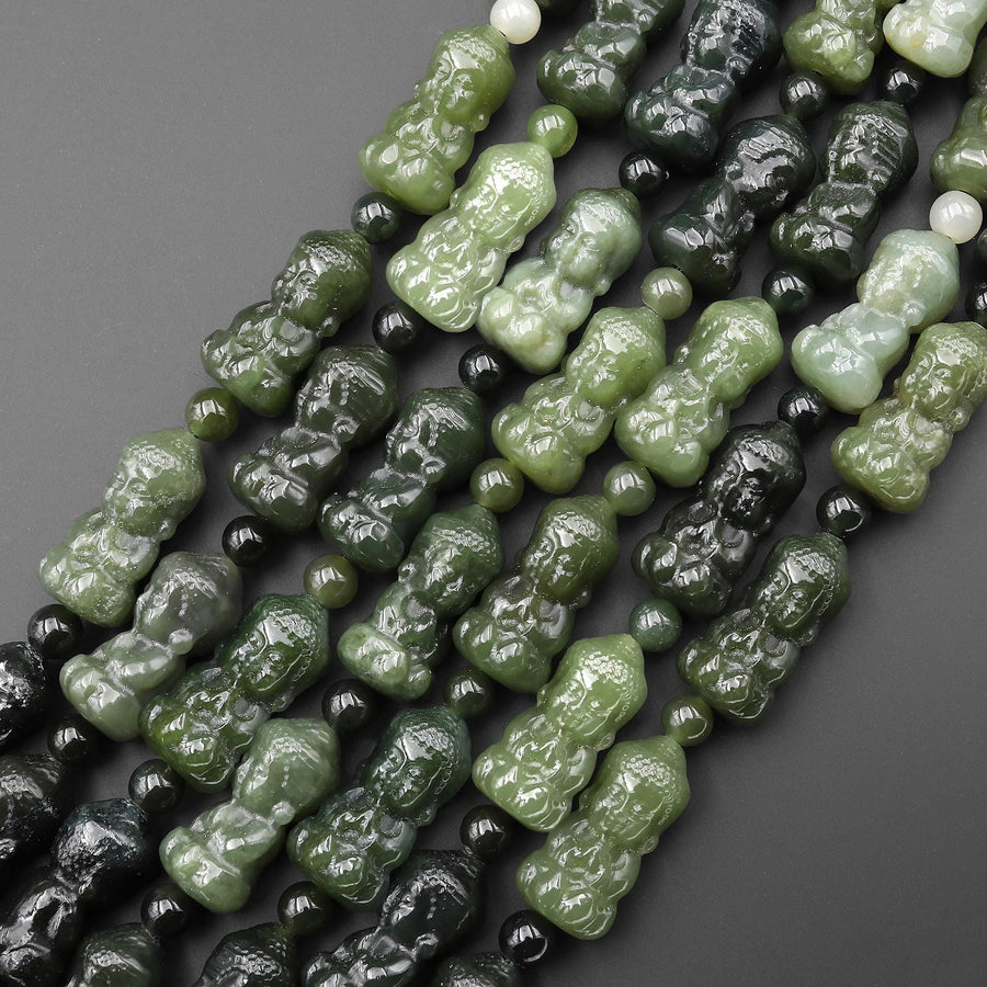 Hand Carved Baby Buddha Natural Jade Beads 3D 7.5" Strand