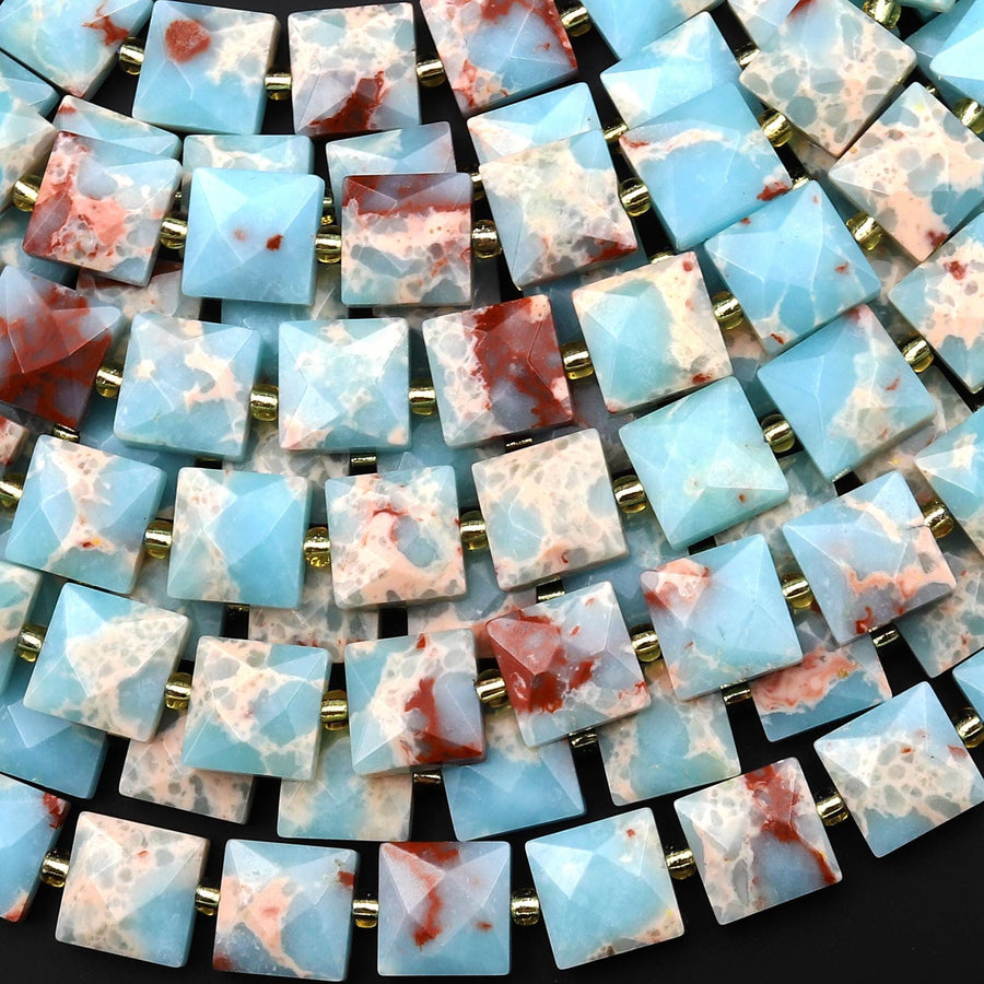 Faceted Natural Impression Jasper 10mm Square Cushion Gemstone Beads 15.5" Strand