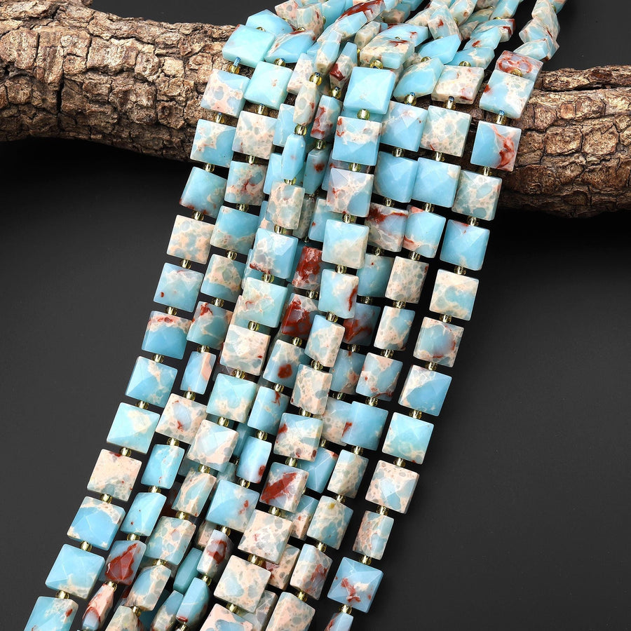 Faceted Natural Impression Jasper 10mm Square Cushion Gemstone Beads 15.5" Strand