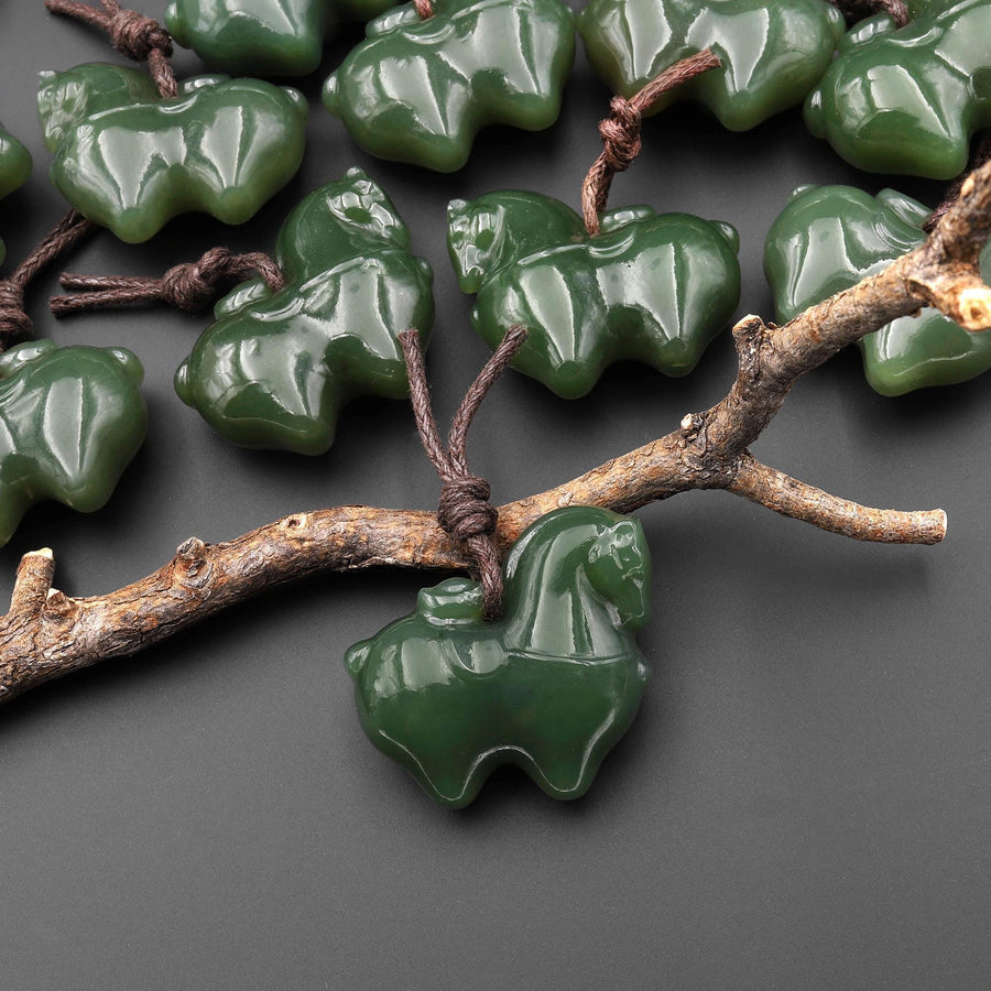 Hand Carved Natural Green Jade Fat Horse Pendant Charm | Lucky Abundance Talisman