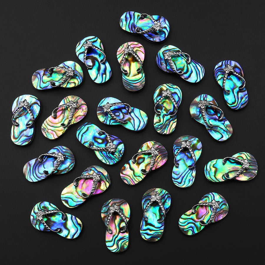 Real Natural Abalone Flip Flop Sandal Pendant Rainbow Iridescent Peacock Blue Green Pink Purple Colors