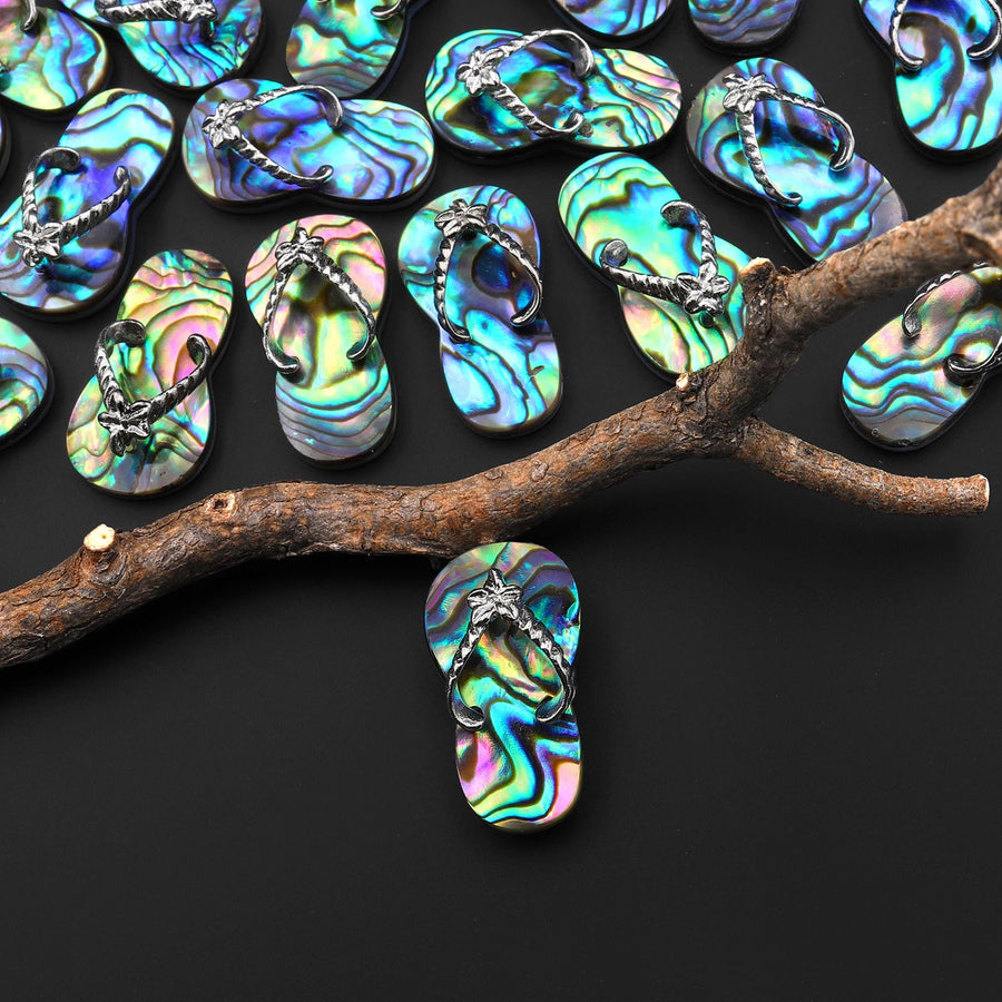 Real Natural Abalone Flip Flop Sandal Pendant Rainbow Iridescent Peacock Blue Green Pink Purple Colors