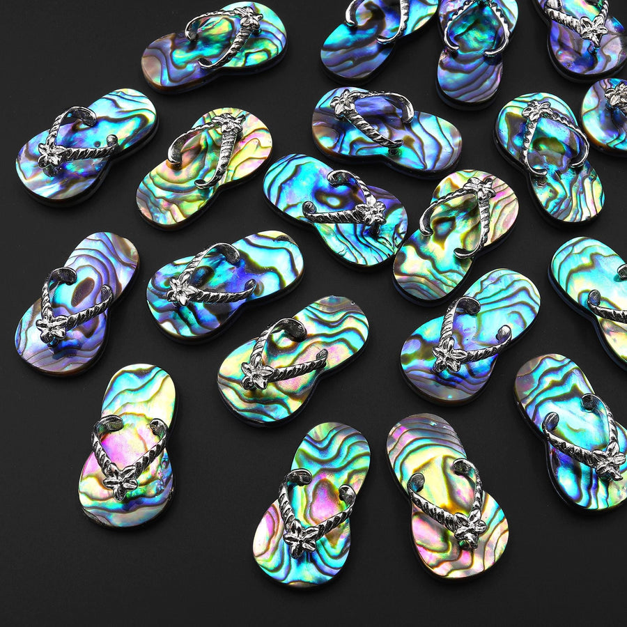 Real Natural Abalone Flip Flop Sandal Pendant Rainbow Iridescent Peacock Blue Green Pink Purple Colors