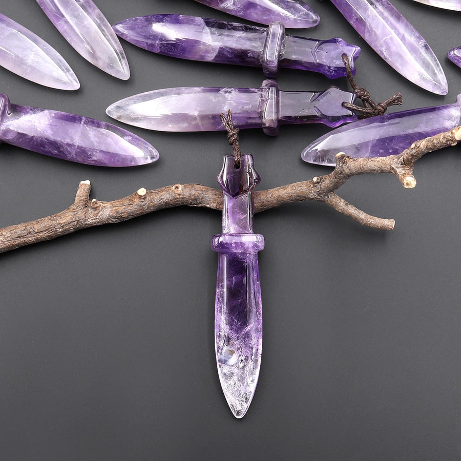Natural Purple Amethyst Sword Pendant Drilled Focal Gemstone Bead