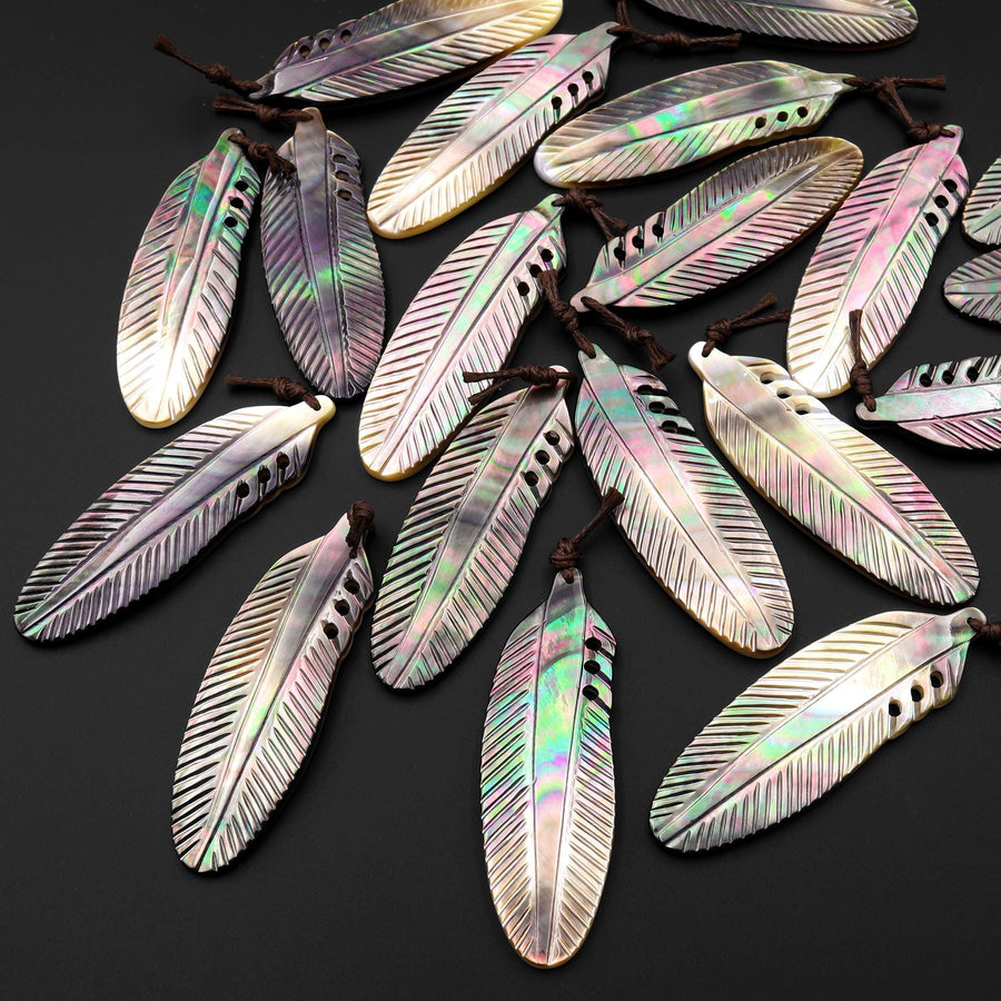 AAA Iridescent Hand Carved Natural Black Mother of Pearl Feather Pendant