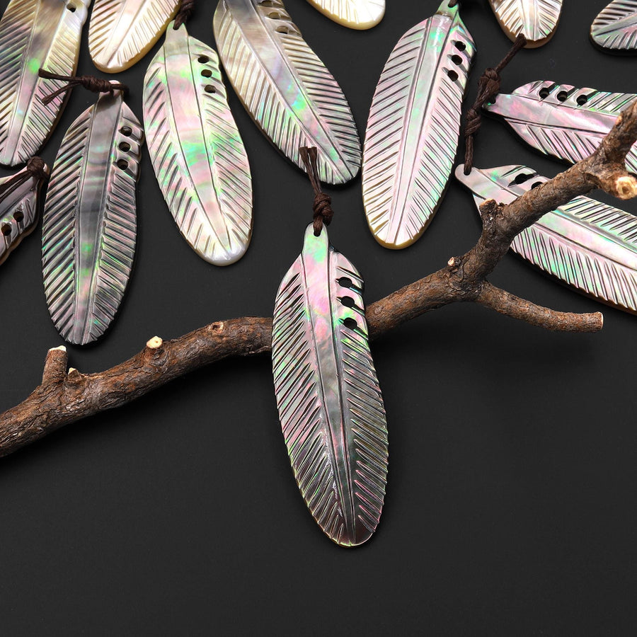AAA Iridescent Hand Carved Natural Black Mother of Pearl Feather Pendant