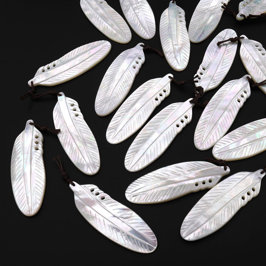 AAA Iridescent Hand Carved Natural White Mother of Pearl Feather Pendant