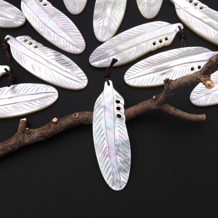 AAA Iridescent Hand Carved Natural White Mother of Pearl Feather Pendant