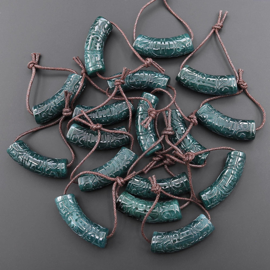 Hand Carved Natural Dark Blue Green Guatemalan Jade Curved Crescent Arc Pendant