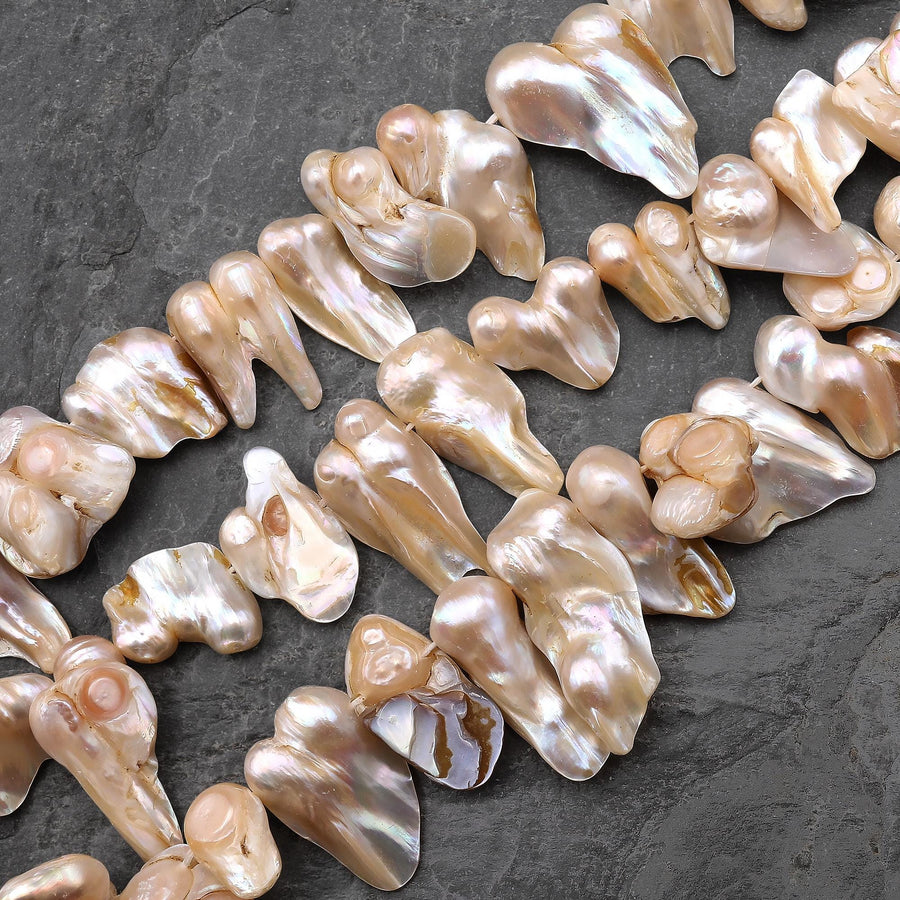 Large Genuine Freshwater Blister Pearl Freeform Top Side Drilled Shimmery Iridescent Peach Pearl 15.5" Strand
