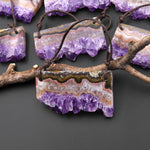 Two 2 Hole Pendant Natural Purple Amethyst Stalactite Crystal Flat Thin Slice Long Rectangle