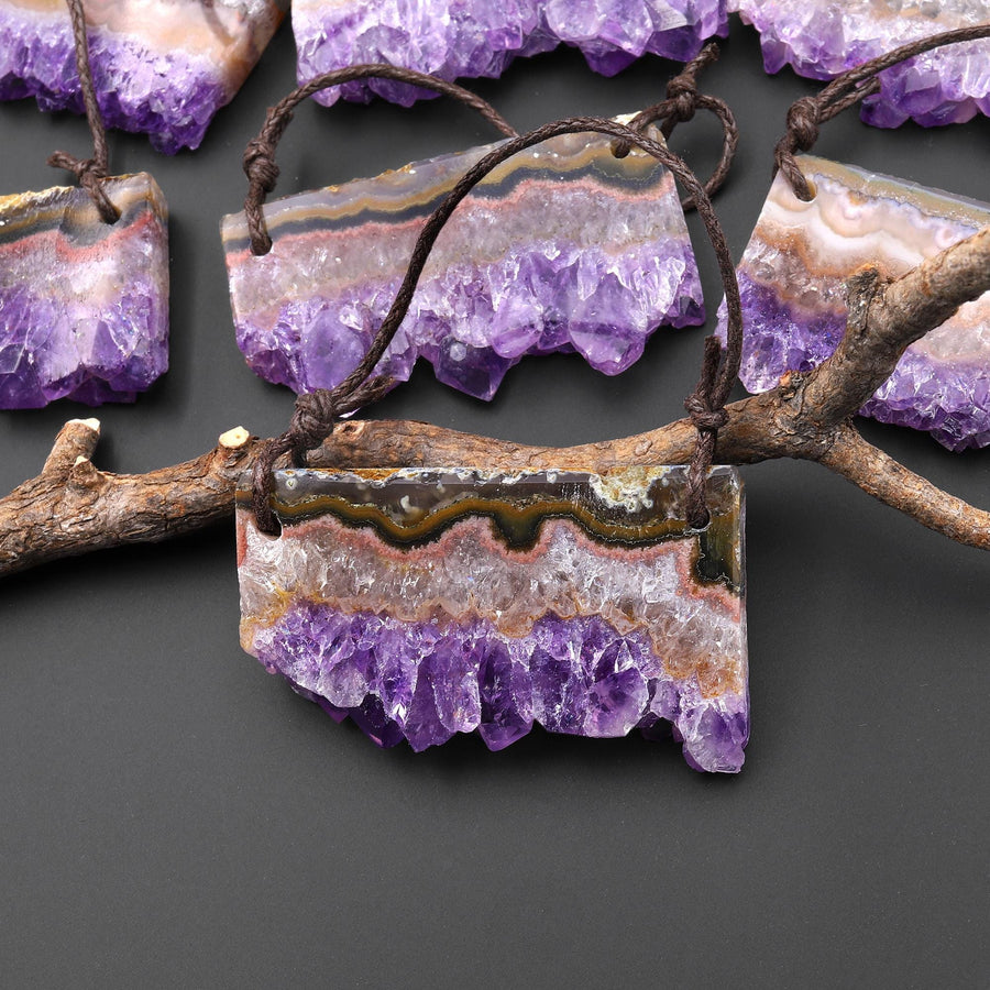 Two 2 Hole Pendant Natural Purple Amethyst Stalactite Crystal Flat Thin Slice Long Rectangle