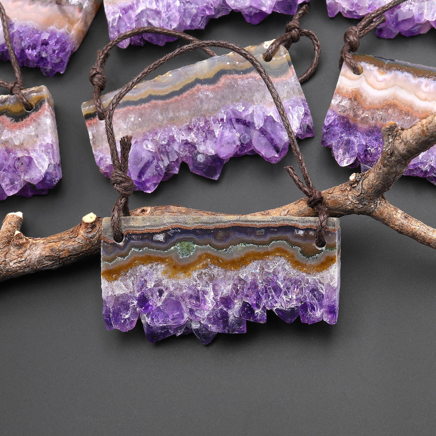 Two 2 Hole Pendant Natural Purple Amethyst Stalactite Crystal Flat Thin Slice Long Rectangle