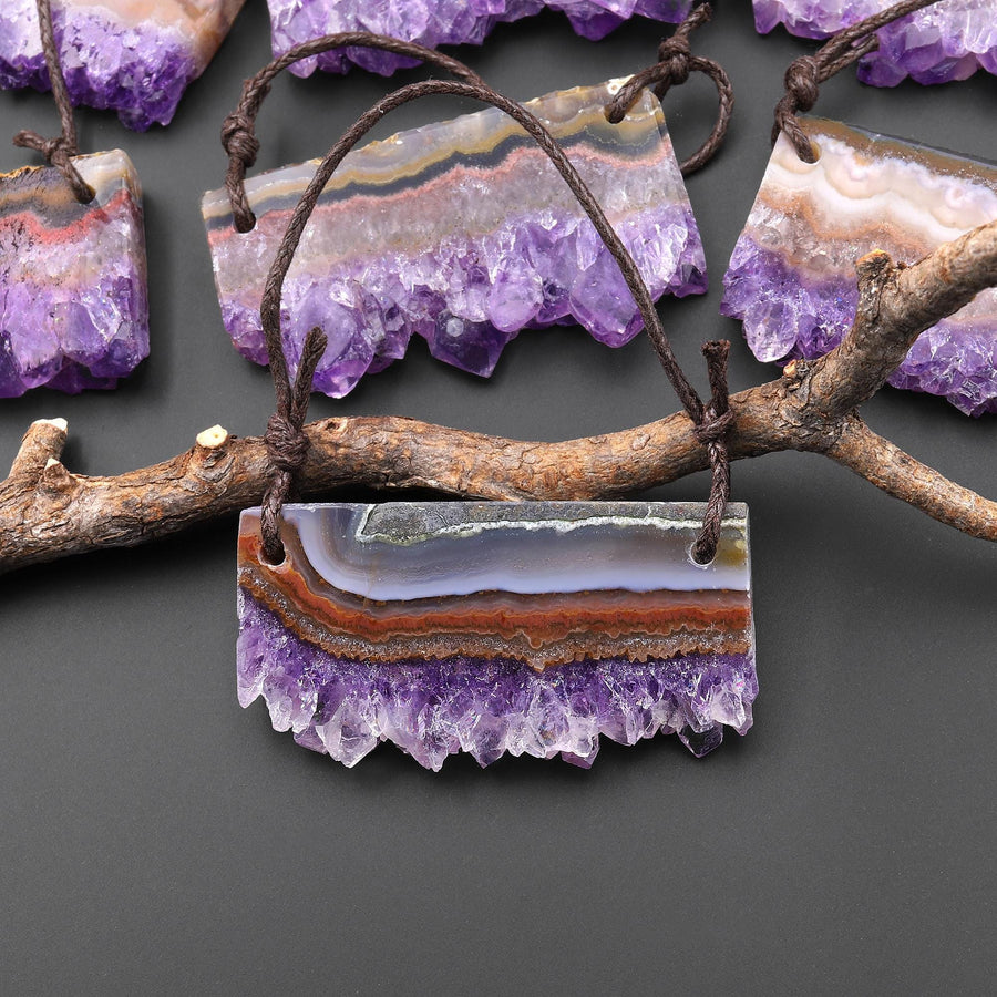 Two 2 Hole Pendant Natural Purple Amethyst Stalactite Crystal Flat Thin Slice Long Rectangle