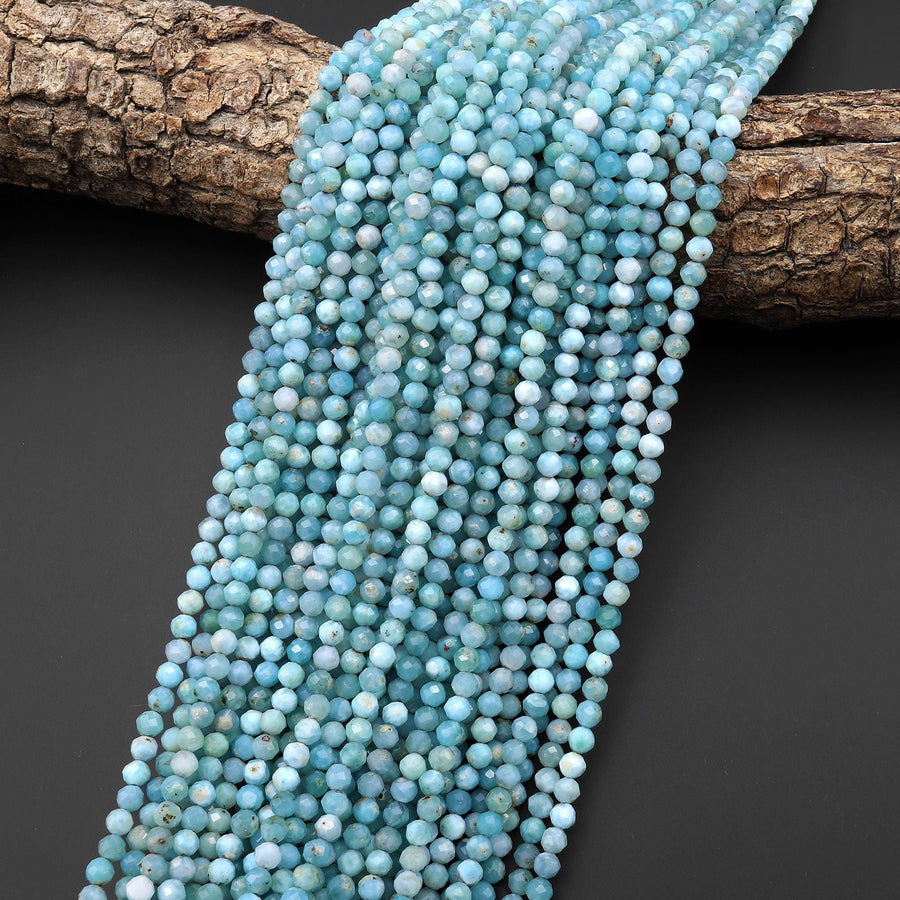 Faceted Natural Larimar Beads 4mm Round Beads 15.5" Strand