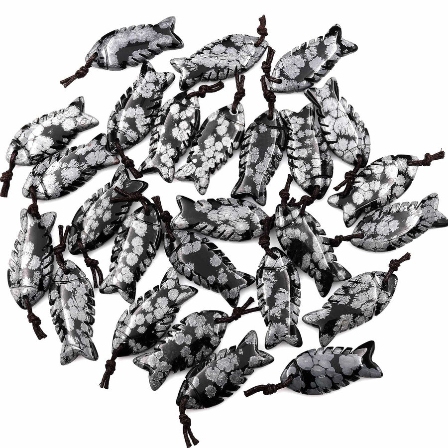 AAA Hand Carved Natural Gemstone Fish Pendant Snowflake Obsidian Moon Gray Black