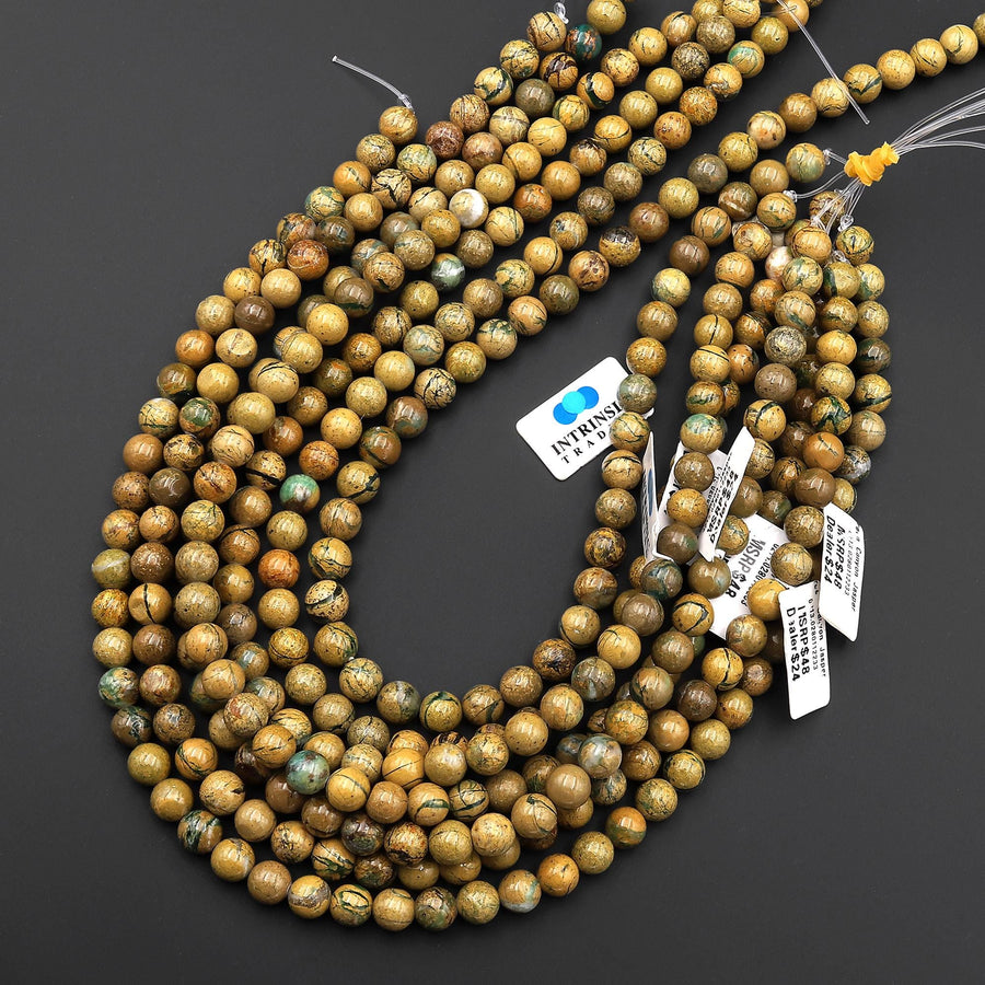 Natural Green Canyon Jasper 8mm Round Beads Aka African Green Boulder Opal 15.5" Strand