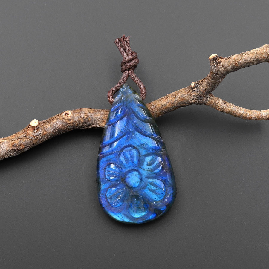 AAA Hand Carved Natural Blue Labradorite Flower Pendant Top Side Drilled Gemstone PDT0748