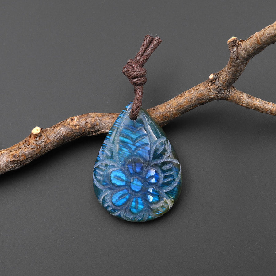 AAA Hand Carved Natural Blue Labradorite Flower Pendant Top Side Drilled Gemstone PDT0750