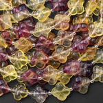 Rare Natural Honey Gold Mauve Purple Candy Fluorite 4 Four Leaf Clover Flower Beads 14mm 3D Carving 15.5" Strand
