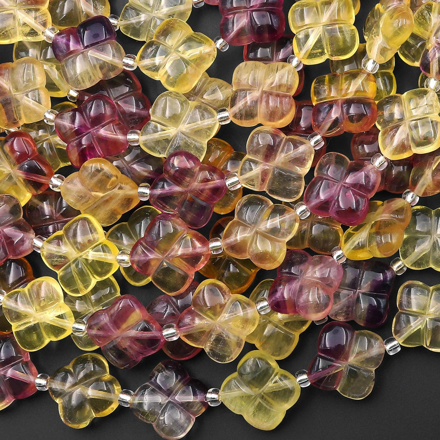 Rare Natural Honey Gold Mauve Purple Candy Fluorite 4 Four Leaf Clover Flower Beads 14mm 3D Carving 15.5" Strand