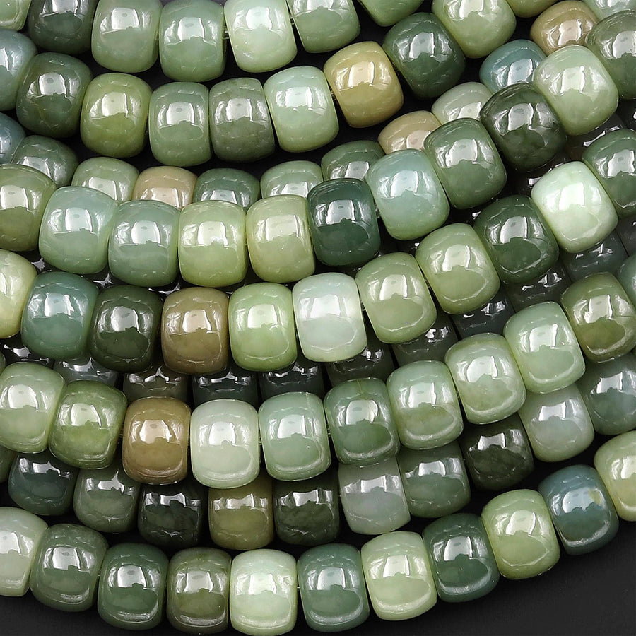 Large Hole Beads AAA Real Genuine Natural Green Jade Smooth 10mm Barrel Drum Short Cylinder Beads 8" Strand