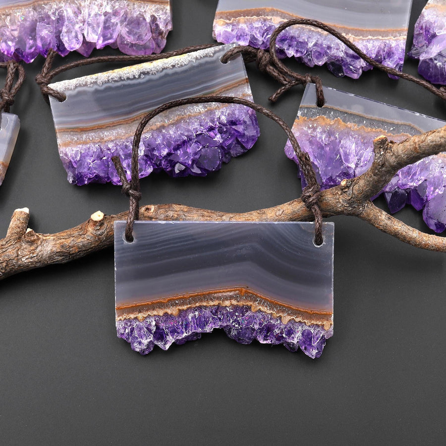 Two 2 Hole Pendant Natural Purple Amethyst Smoky Quartz Stalactite Crystal Flat Thin Slice Long Rectangle A2