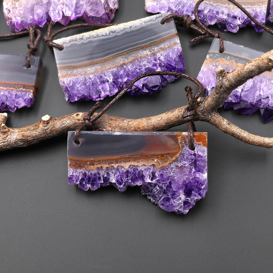 Two 2 Hole Pendant Natural Purple Amethyst Smoky Quartz Stalactite Crystal Flat Thin Slice Long Rectangle A4