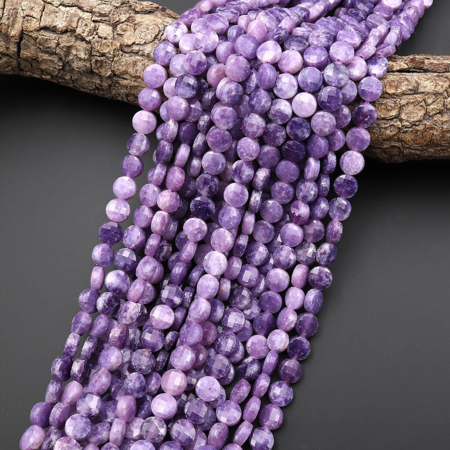 Faceted Natural Lepidolite 6mm 8mm Coin Beads Shimmering Mica Matrix Gemstone 15.5" Strand