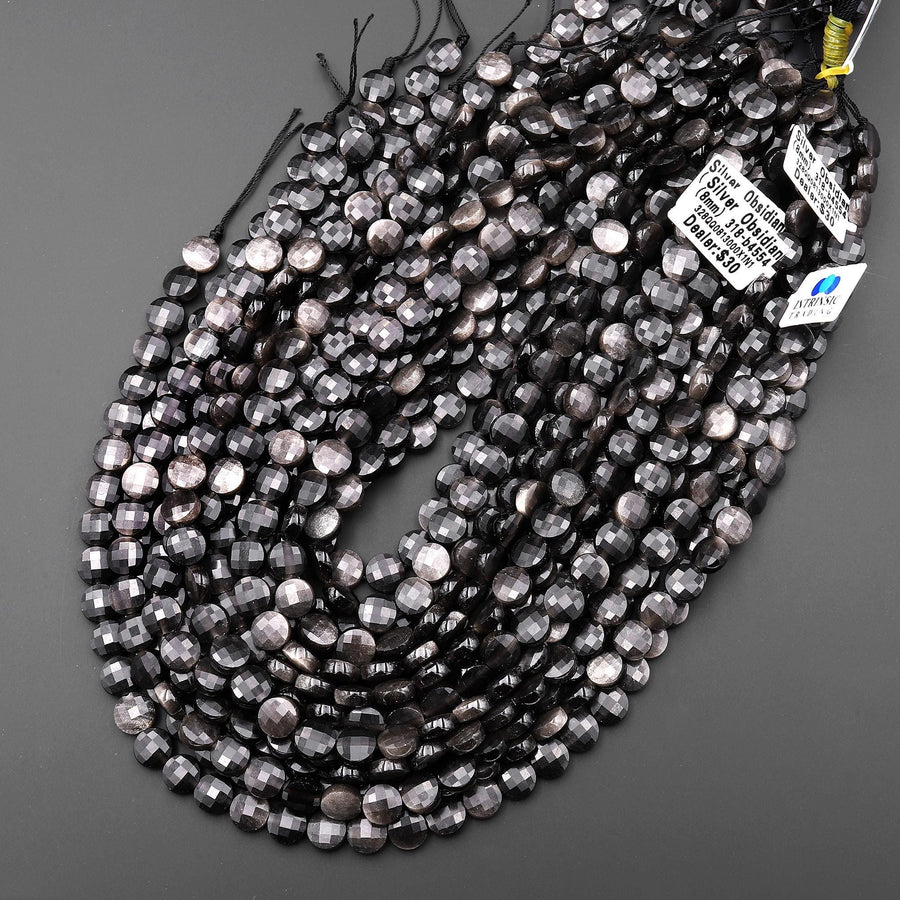 AAA Faceted Natural Silver Obsidian 6mm 8mm Coin Beads 15.5" Strand