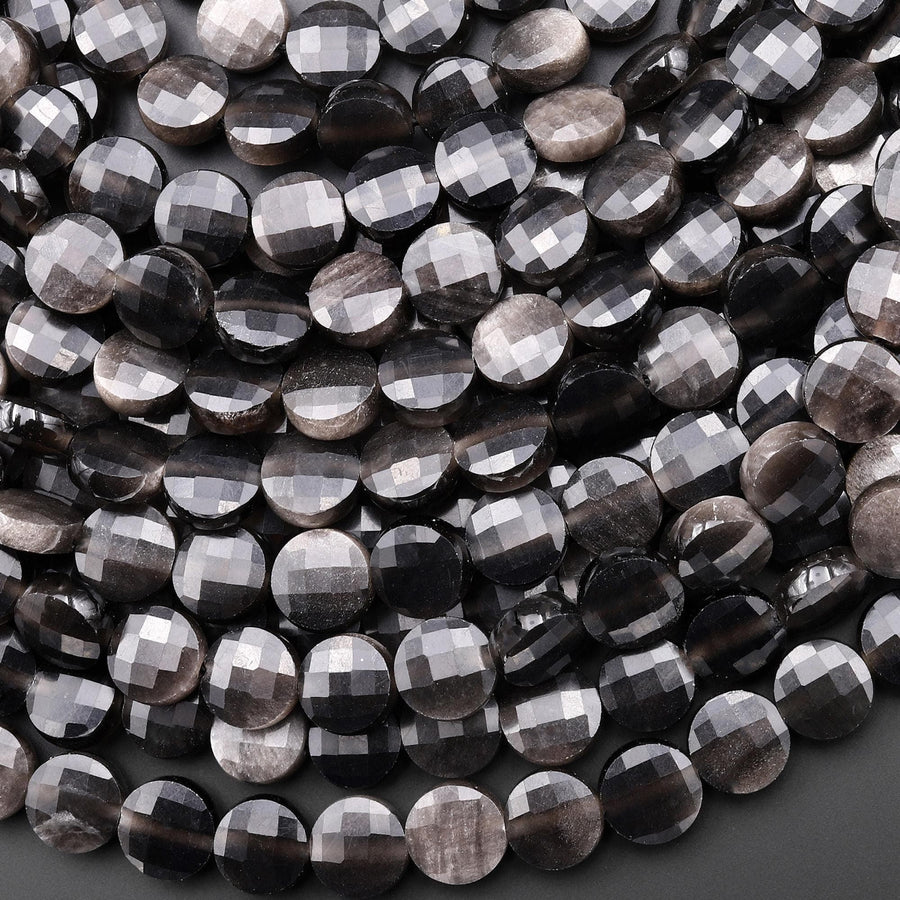 AAA Faceted Natural Silver Obsidian 6mm 8mm Coin Beads 15.5" Strand