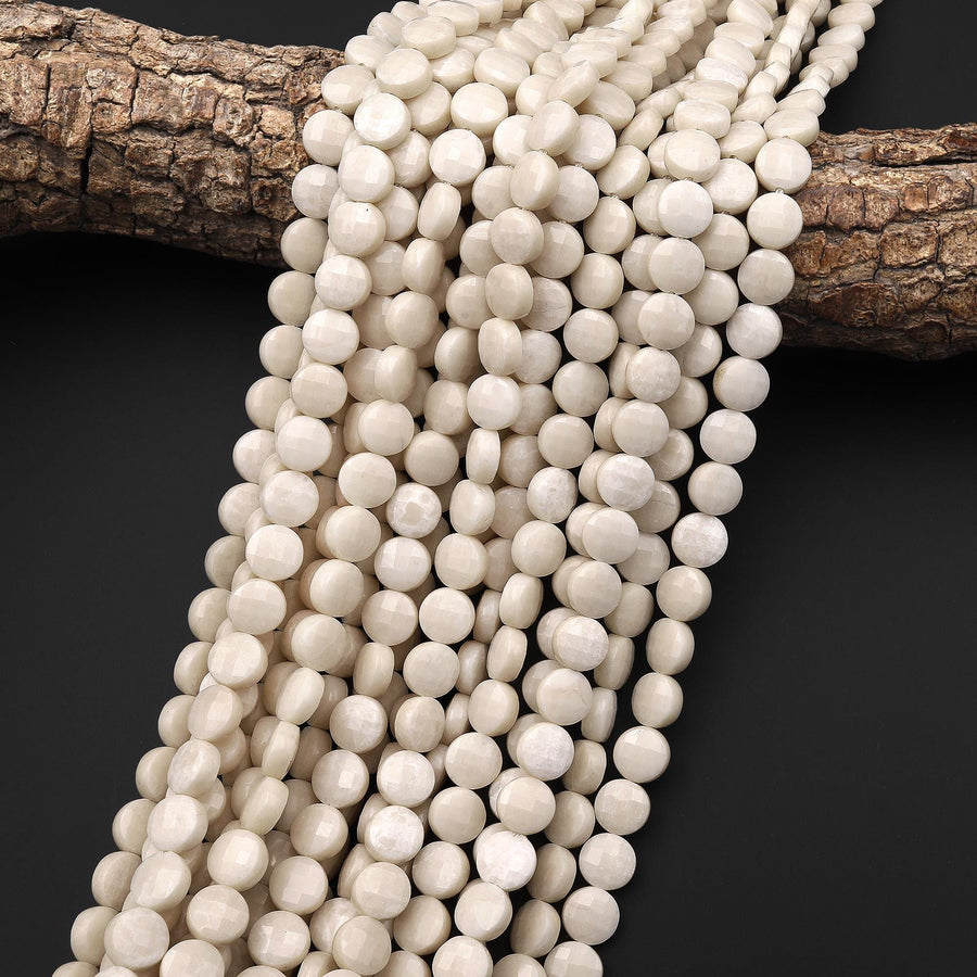 AAA Faceted Natural Fossil Jasper Aka River Stone 6mm 8mm Coin Beads Natural Creamy Beige White Stone 15.5" Strand