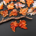Hand Carved Natural Carnelian Maple Leaf Earring Pair Drilled Gemstone Matched Beads