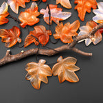 Hand Carved Natural Carnelian Maple Leaf Earring Pair Drilled Gemstone Matched Beads