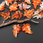 Hand Carved Natural Carnelian Maple Leaf Earring Pair Drilled Gemstone Matched Beads
