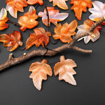 Hand Carved Natural Carnelian Maple Leaf Earring Pair Drilled Gemstone Matched Beads
