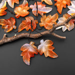 Hand Carved Natural Carnelian Maple Leaf Earring Pair Drilled Gemstone Matched Beads