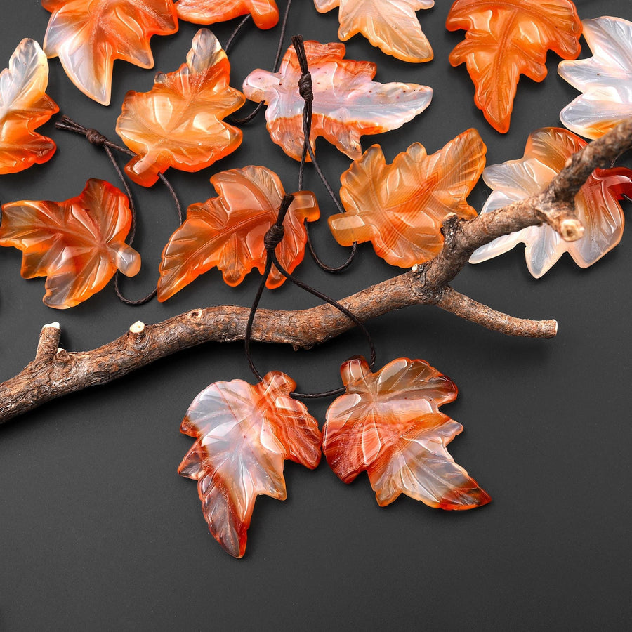 Hand Carved Natural Carnelian Maple Leaf Earring Pair Drilled Gemstone Matched Beads A1