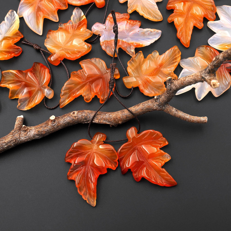 Hand Carved Natural Carnelian Maple Leaf Earring Pair Drilled Gemstone Matched Beads A2