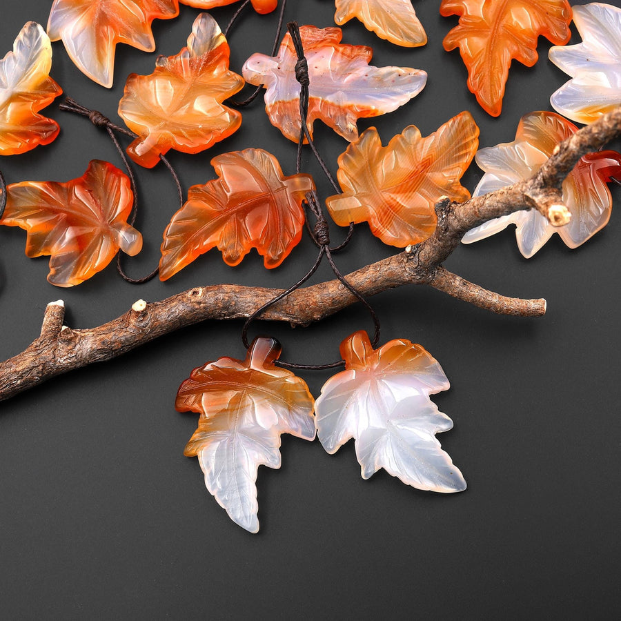 Hand Carved Natural Carnelian Maple Leaf Earring Pair Drilled Gemstone Matched Beads A3