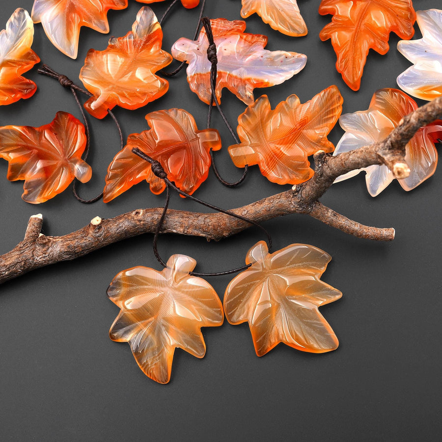 Hand Carved Natural Carnelian Maple Leaf Earring Pair Drilled Gemstone Matched Beads A7