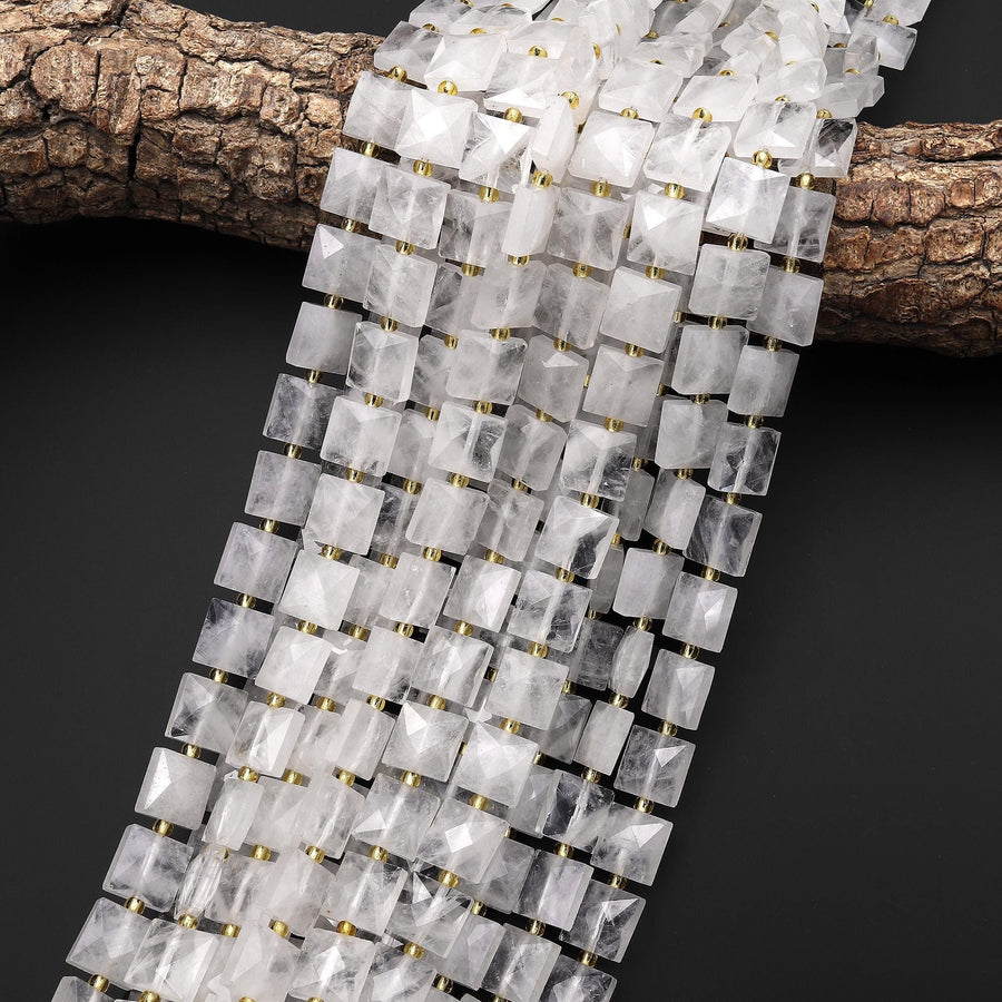 AAA Faceted Natural Rock Crystal Quartz Beads 10mm Square Cushion 15.5" Strand