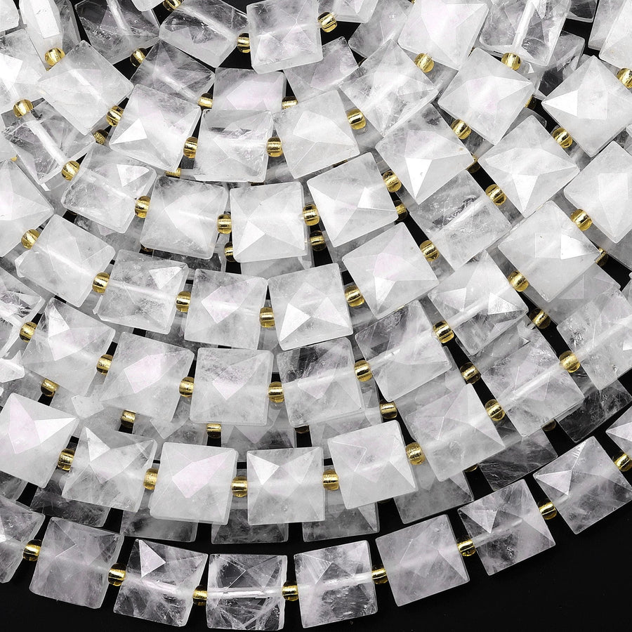 AAA Faceted Natural Rock Crystal Quartz Beads 10mm Square Cushion 15.5" Strand