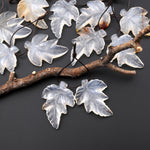 Hand Carved Natural Creamy White Carnelian Maple Leaf Earring Pair Drilled Gemstone Matched Beads