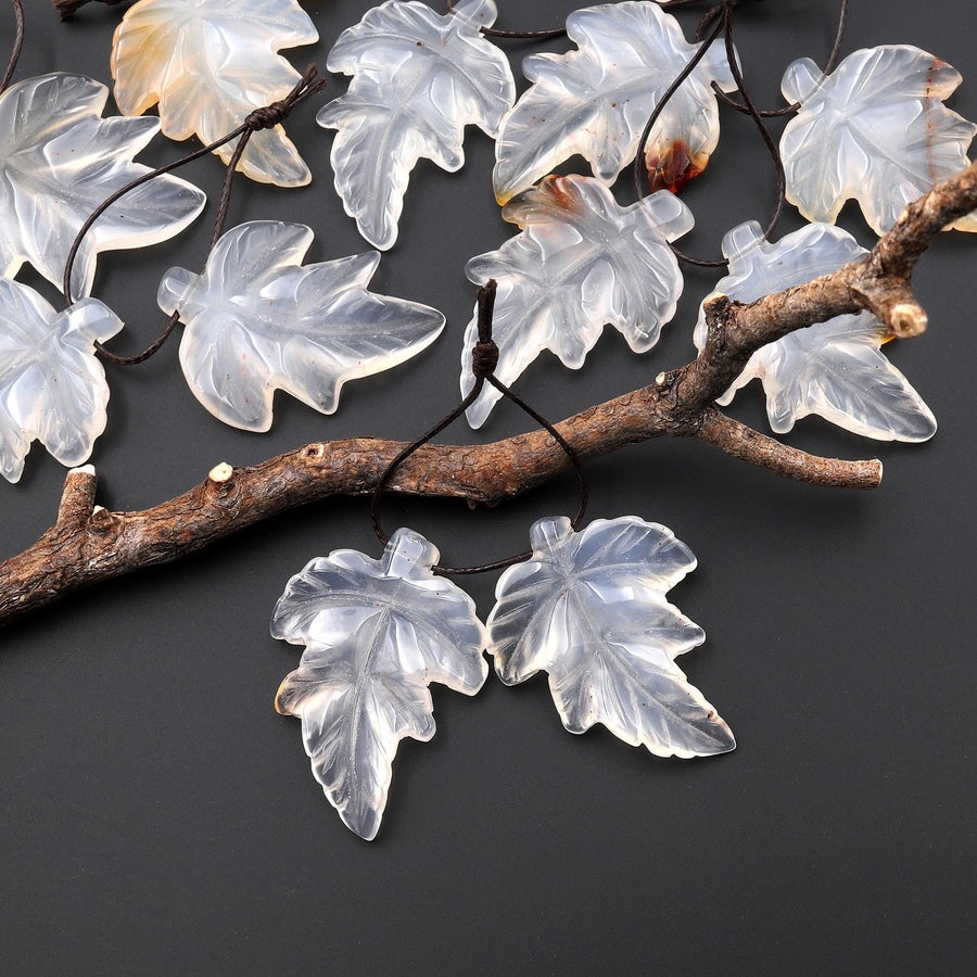 Hand Carved Natural Creamy White Carnelian Maple Leaf Earring Pair Drilled Gemstone Matched Beads A5