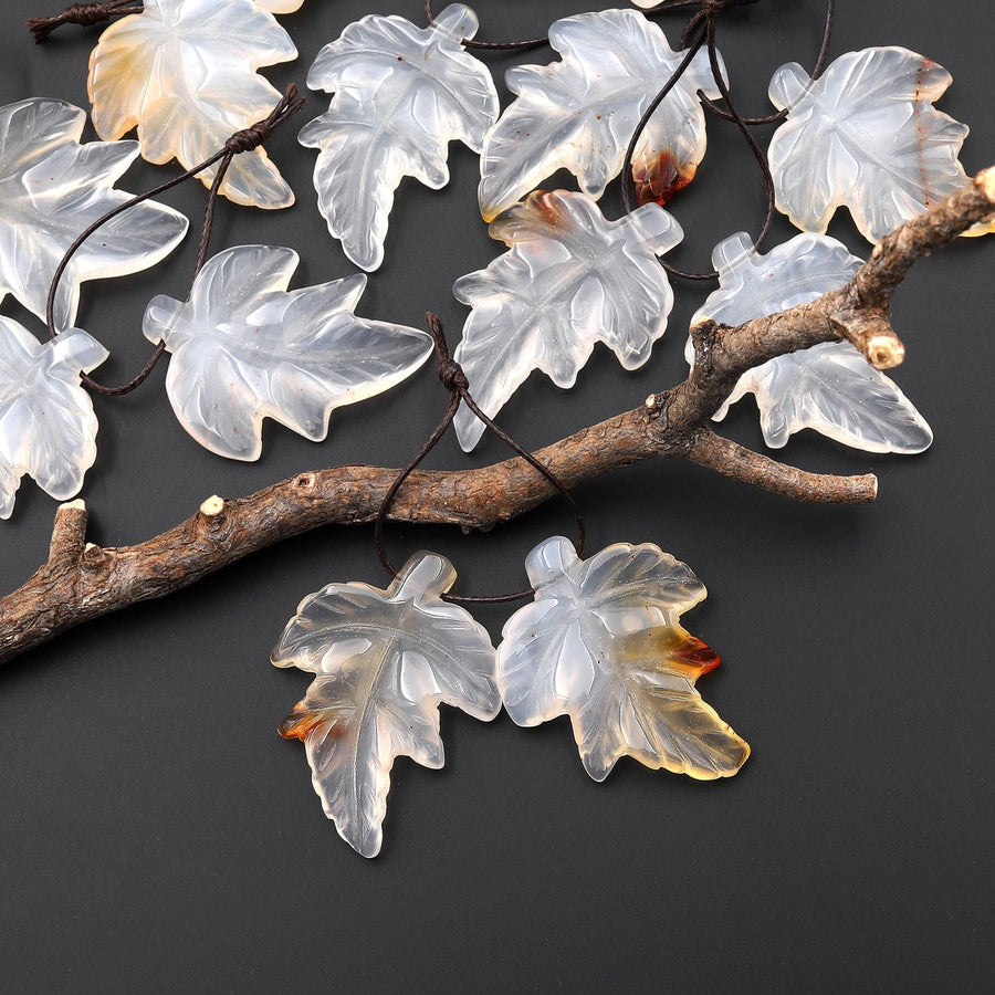 Hand Carved Natural Creamy White Carnelian Maple Leaf Earring Pair Drilled Gemstone Matched Beads A6